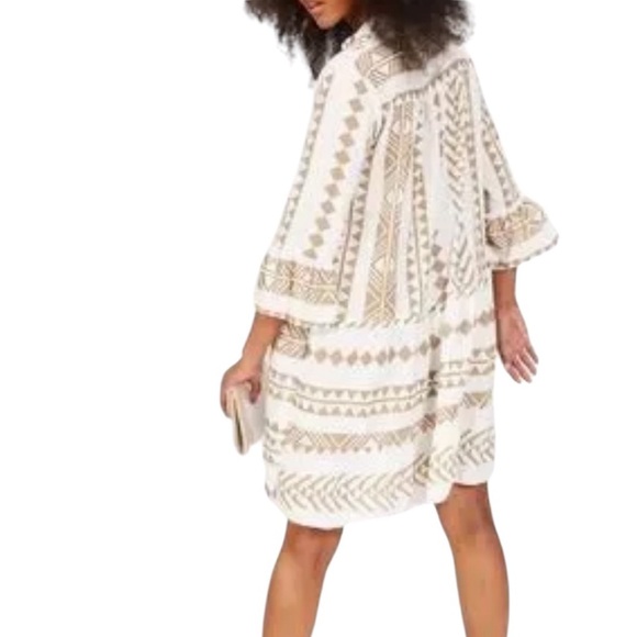 Silk & Sand Khaki White Geometric Print Flouncy Boho Dress or Coverup Size LP - Picture 2 of 11